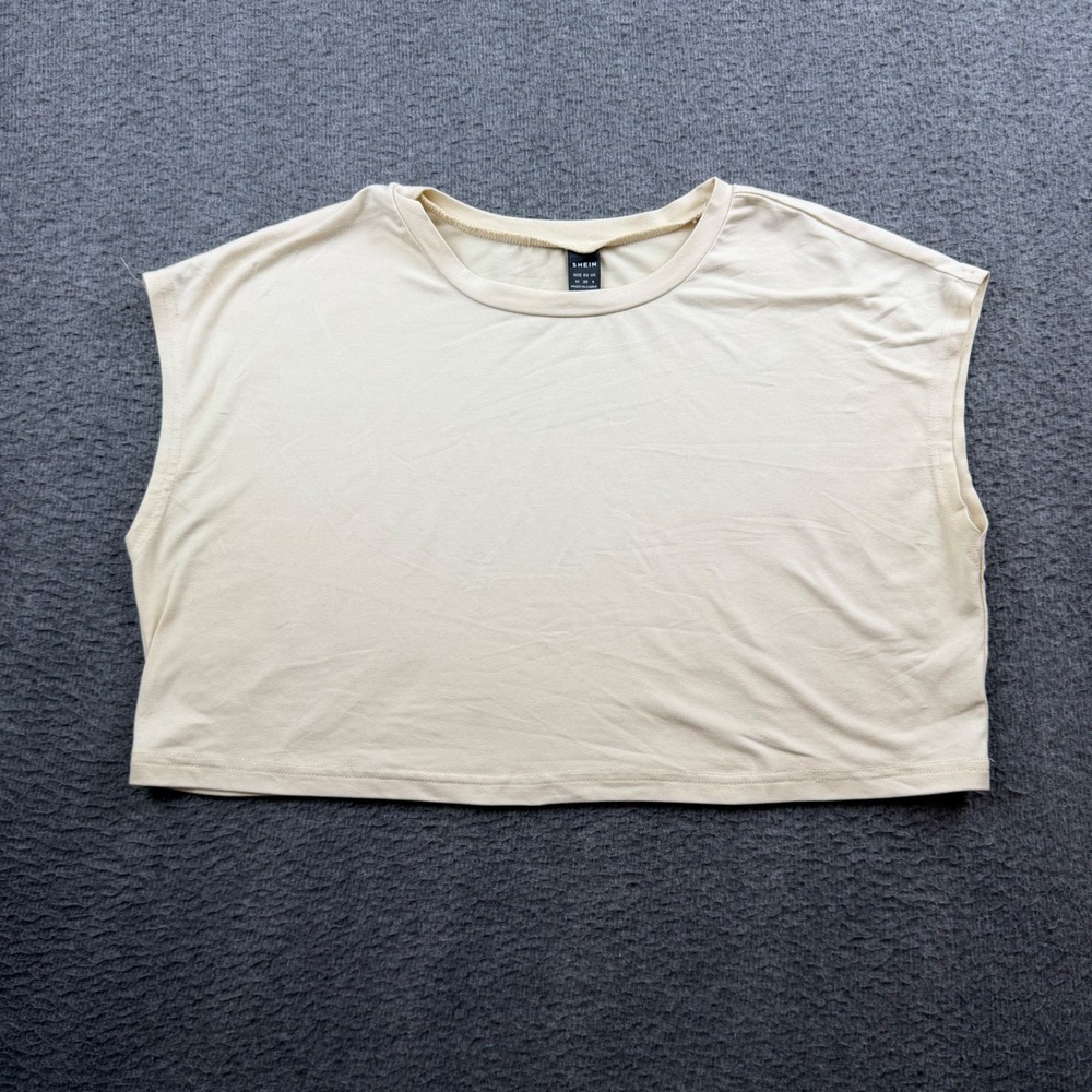 SHEIN Crop Muscle Tee Women's Size M Beige Sleeveless Crew Neck Boxy Top